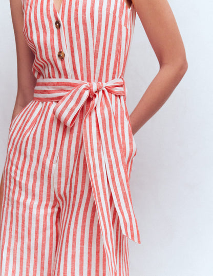 Laura V-neck Linen Jumpsuit-Red, Ivory Stripe