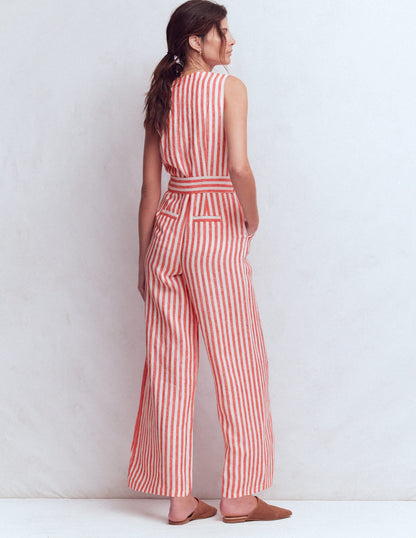 Laura V-neck Linen Jumpsuit-Red, Ivory Stripe