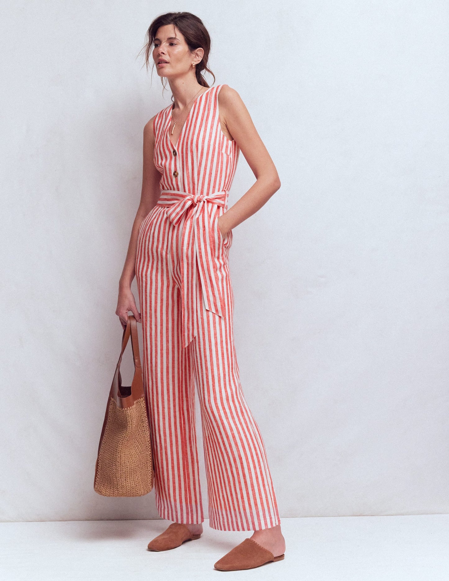 Laura V-neck Linen Jumpsuit-Red, Ivory Stripe