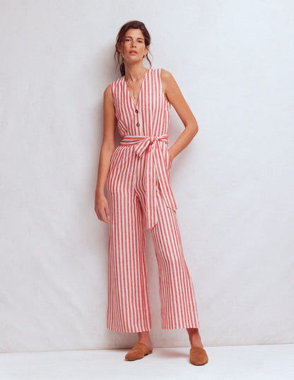 Laura V-neck Linen Jumpsuit-Red, Ivory Stripe