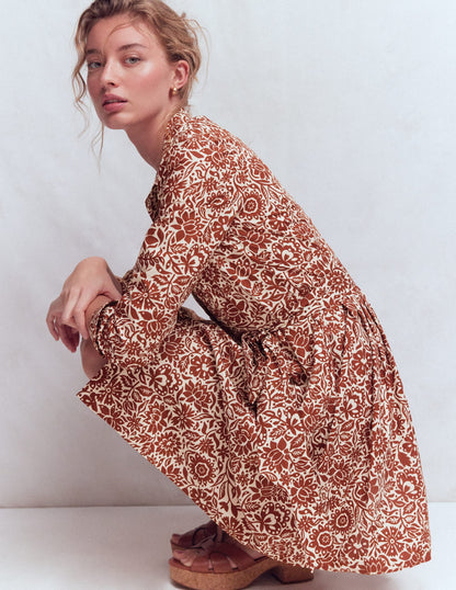 Alexa Long Sleeve Short Dress-Brown, Meadow Scatter
