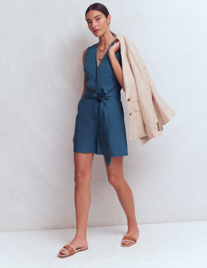 Laura V-neck Linen Playsuit-Tourmaline Blue