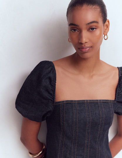 Puff Sleeve Denim Dress-Indigo
