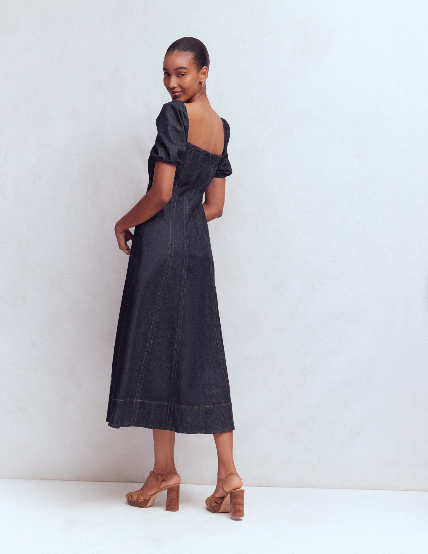 Puff Sleeve Denim Dress-Indigo