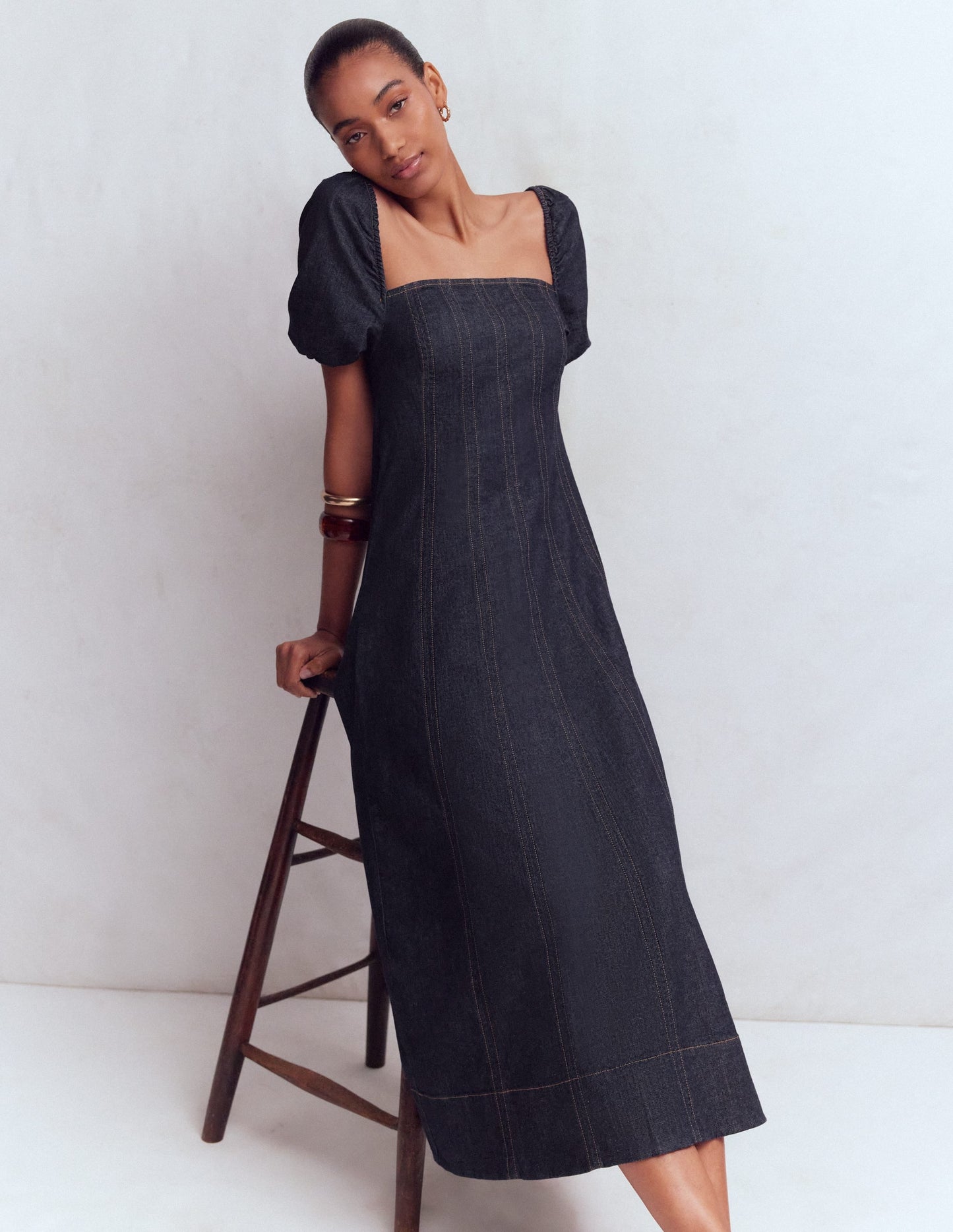 Puff Sleeve Denim Dress-Indigo