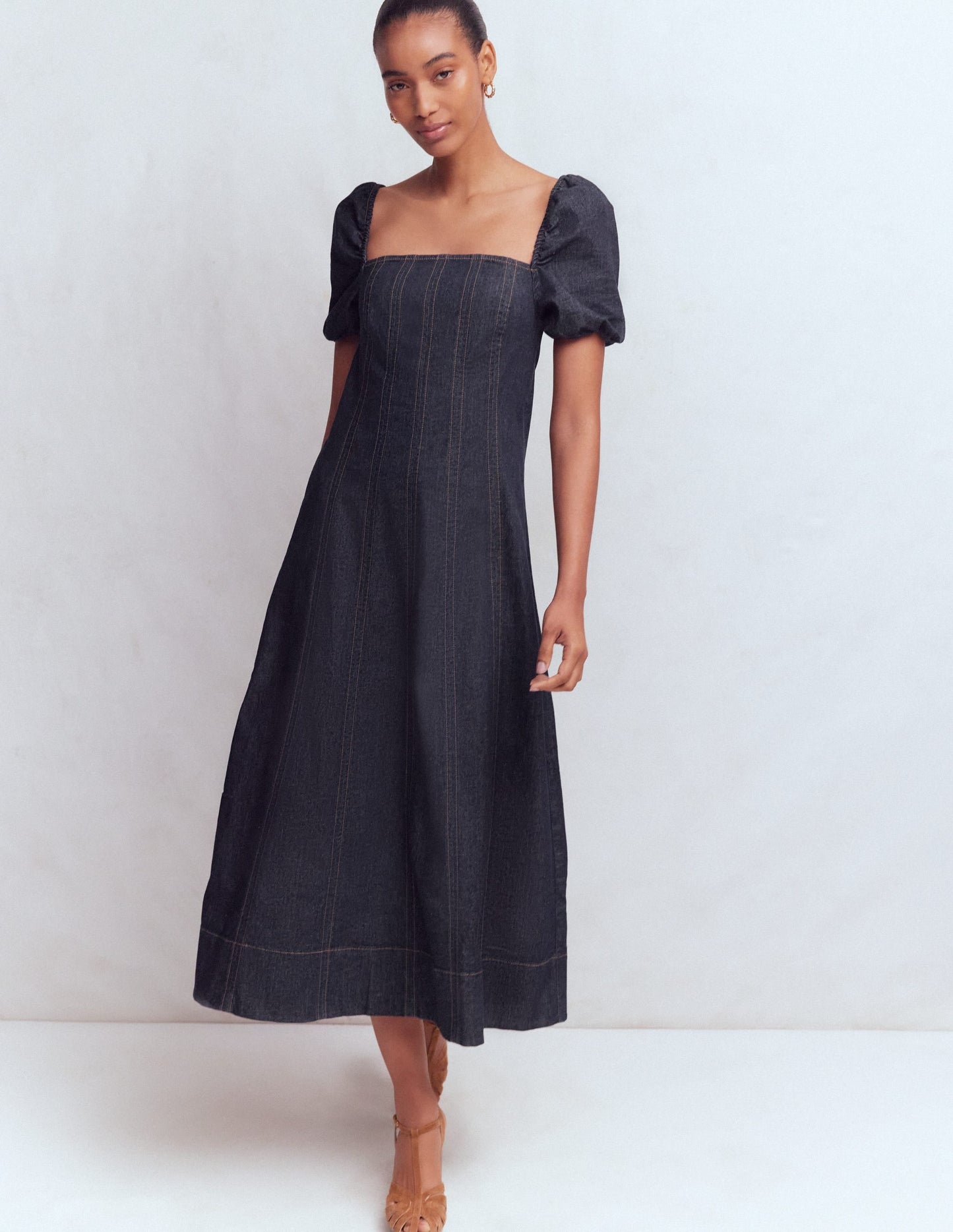 Puff Sleeve Denim Dress-Indigo