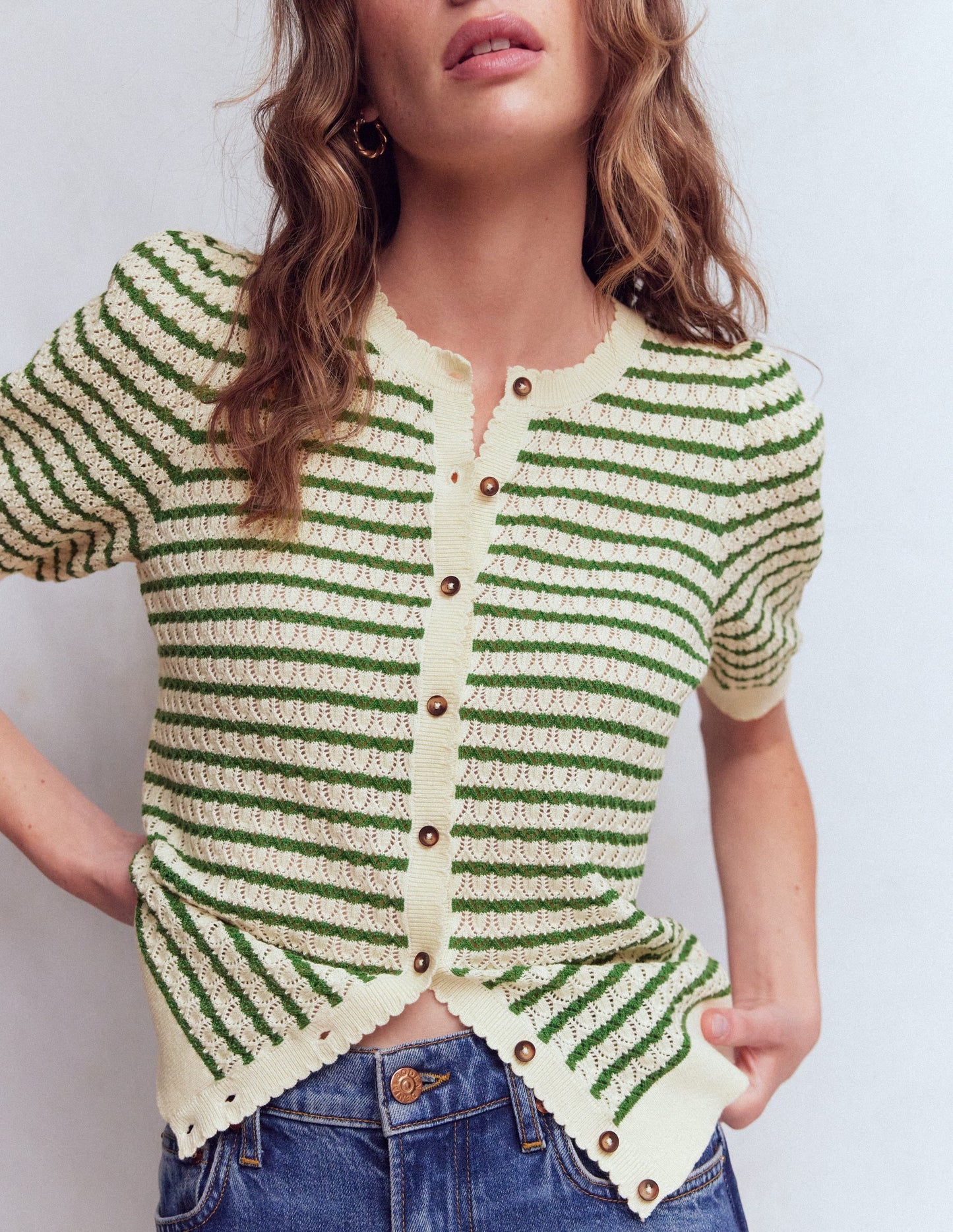 Dot Pointelle Cardigan-Green Stripe