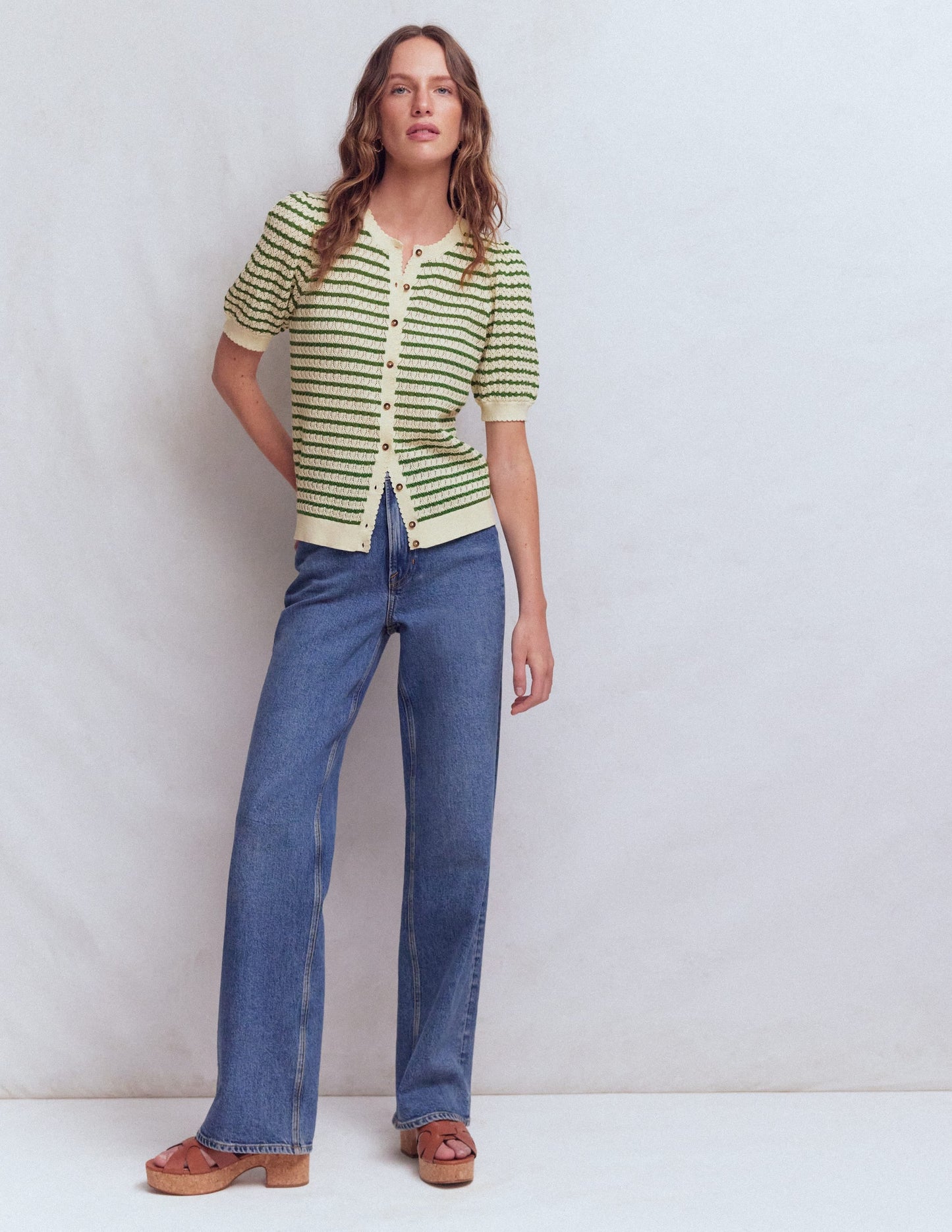 Dot Pointelle Cardigan-Green Stripe