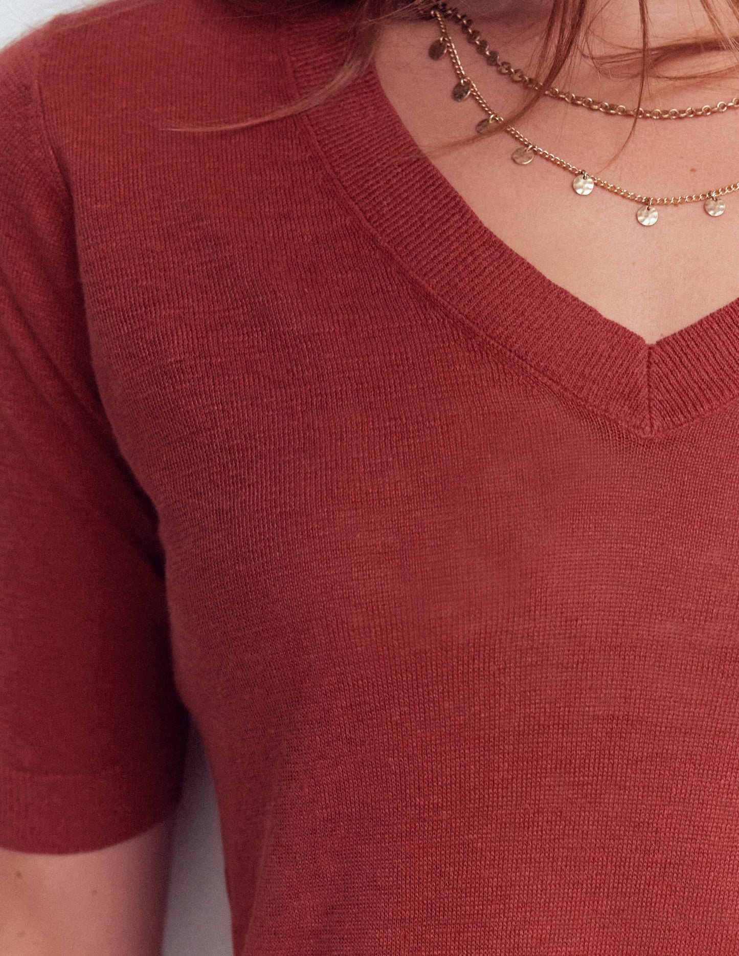 Agnes Linen V Neck T-Shirt-Burnt Orange