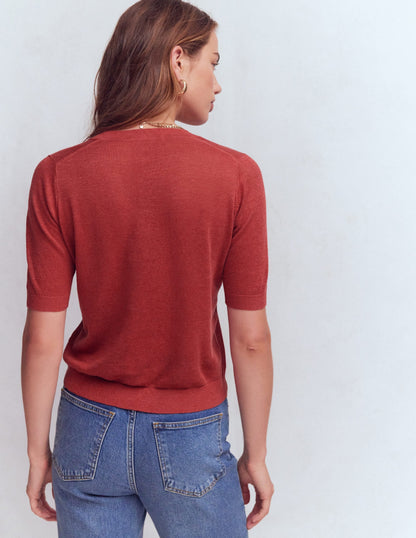 Agnes Linen V Neck T-Shirt-Burnt Orange