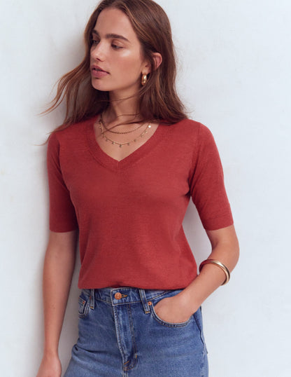 Agnes Linen V Neck T-Shirt-Burnt Orange