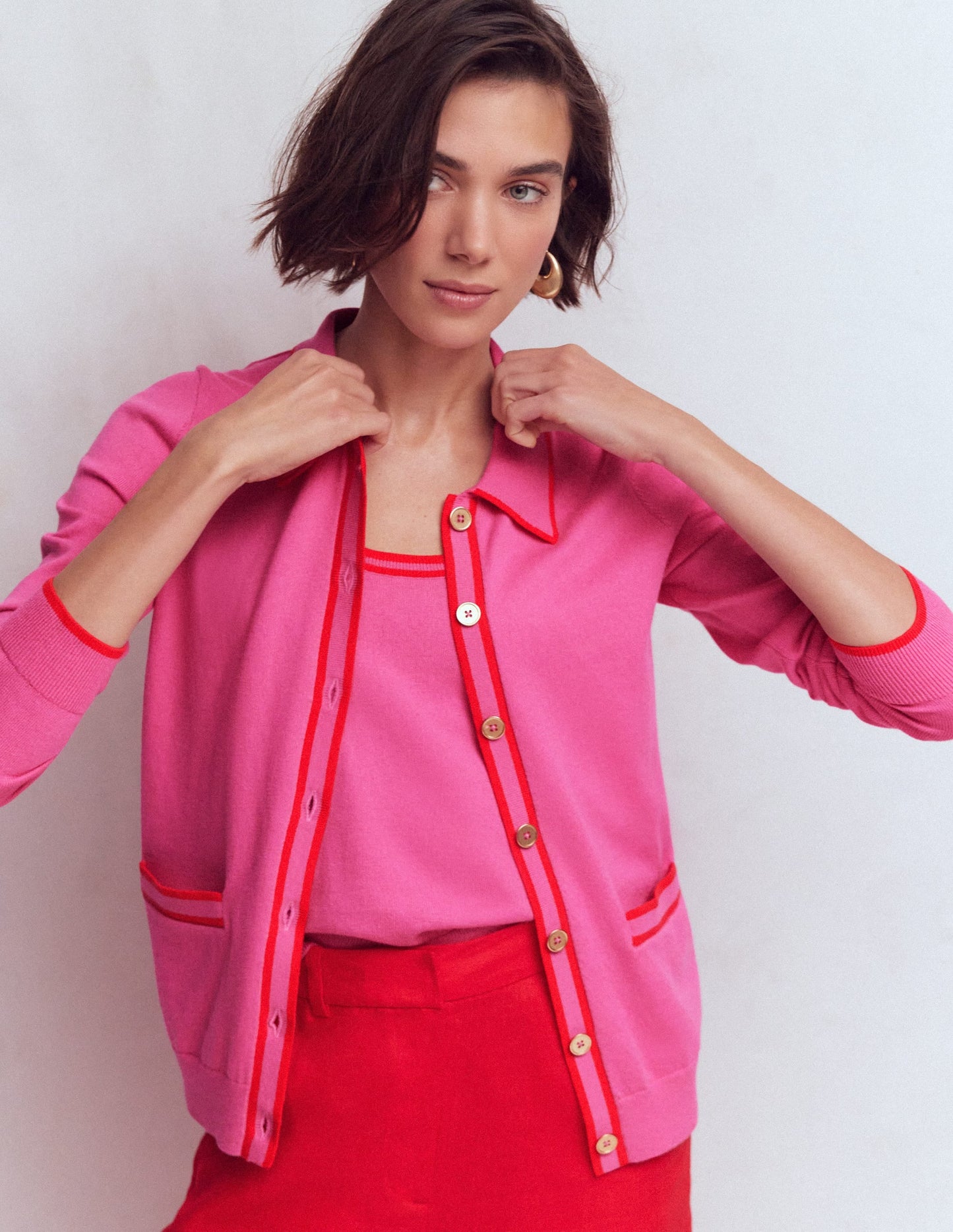 Liz Knitted Collared Cardigan-Pink Punch