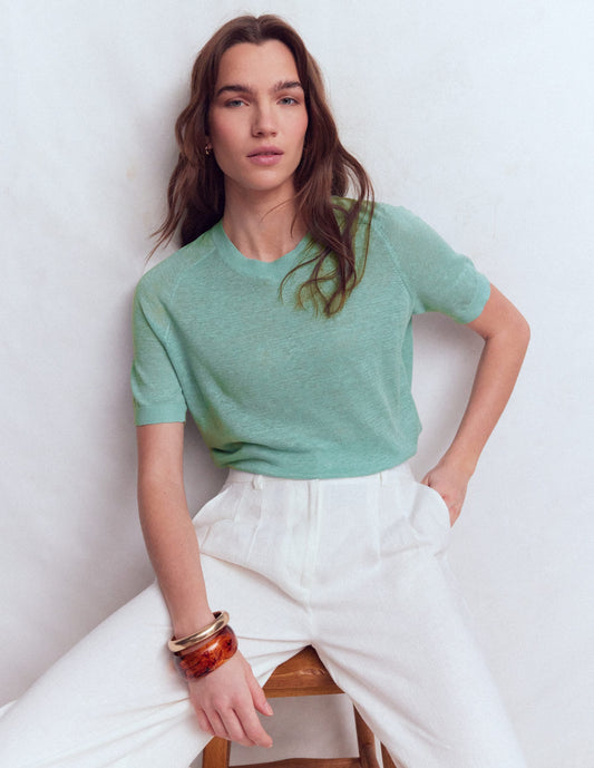 Agnes Linen Button T-Shirt-Seamist Blue