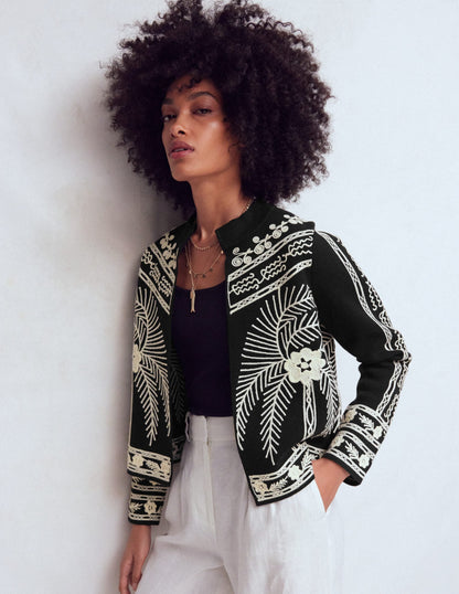 Elena Stand Neck Jacket-Black Embroidery