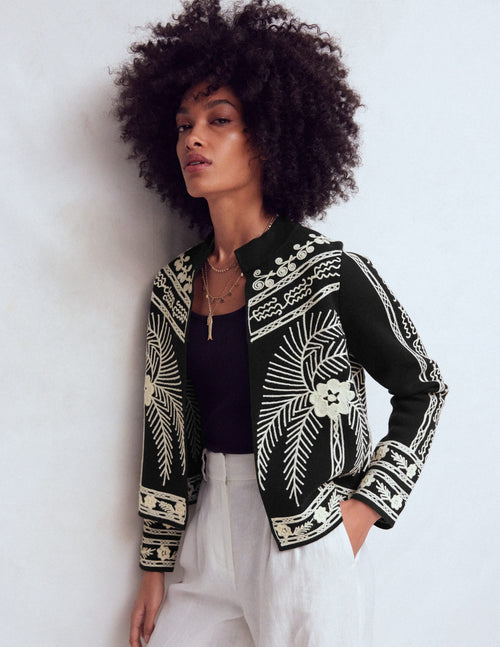 Elena Stand Neck Jacket-Black Embroidery