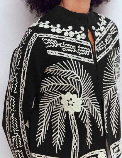 Elena Stand Neck Jacket-Black Embroidery