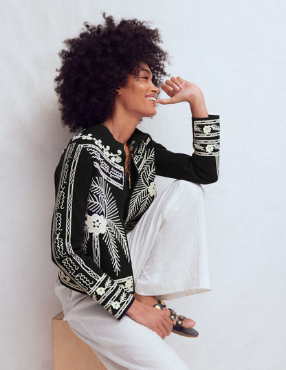 Elena Stand Neck Jacket-Black Embroidery