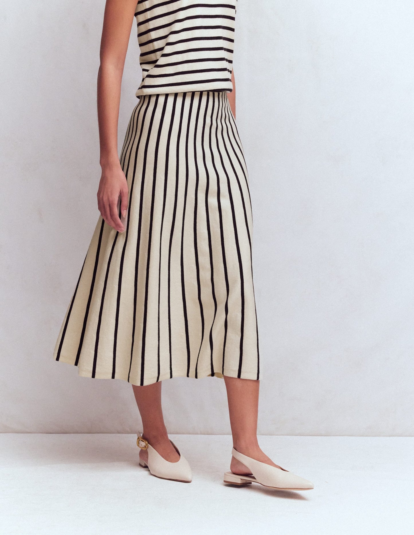 Liz Knitted Midi Skirt-Ivory Stripe