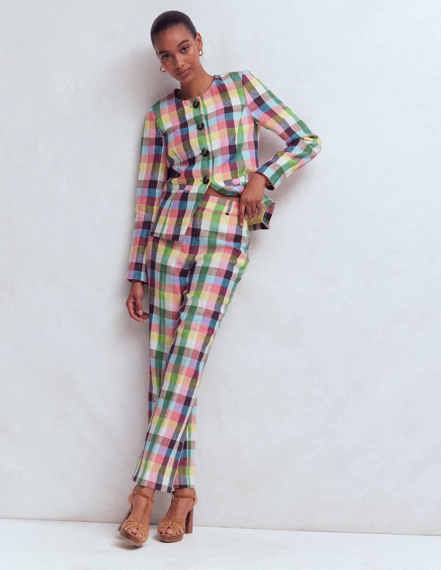Canonbury 7/8 Linen Pants-Soft Yellow, Pink Multigingham