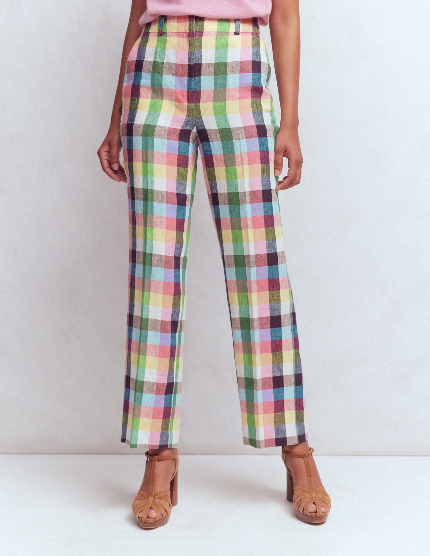 Canonbury 7/8 Linen Pants-Soft Yellow, Pink Multigingham