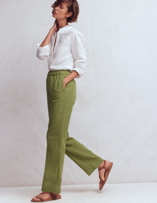 Pull On Double Cloth Pants-Olive Green