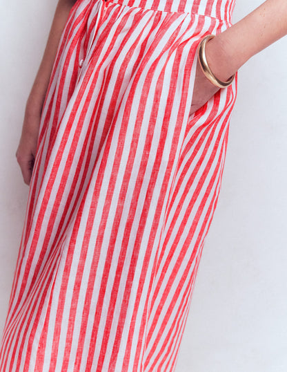 Emma Linen Maxi Skirt-Bright Cherry and Ivory Stripe
