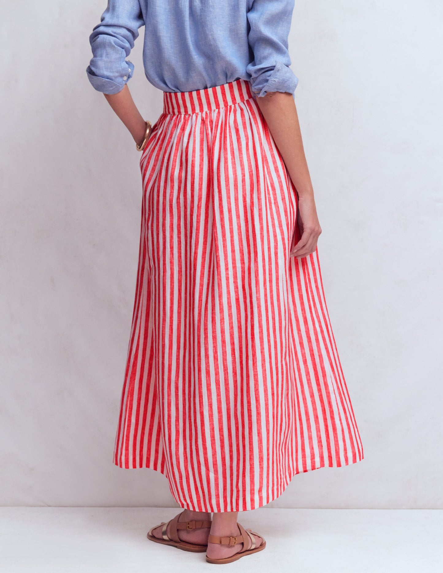 Emma Linen Maxi Skirt-Bright Cherry and Ivory Stripe