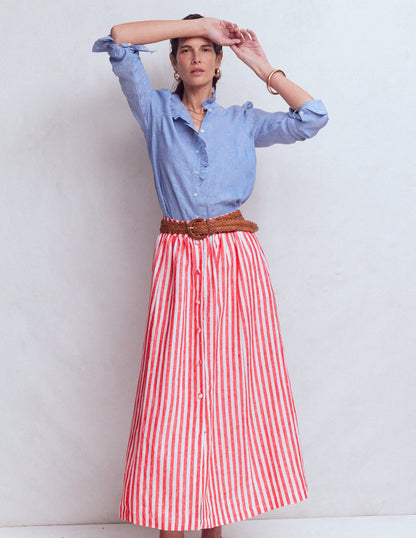 Emma Linen Maxi Skirt-Bright Cherry and Ivory Stripe