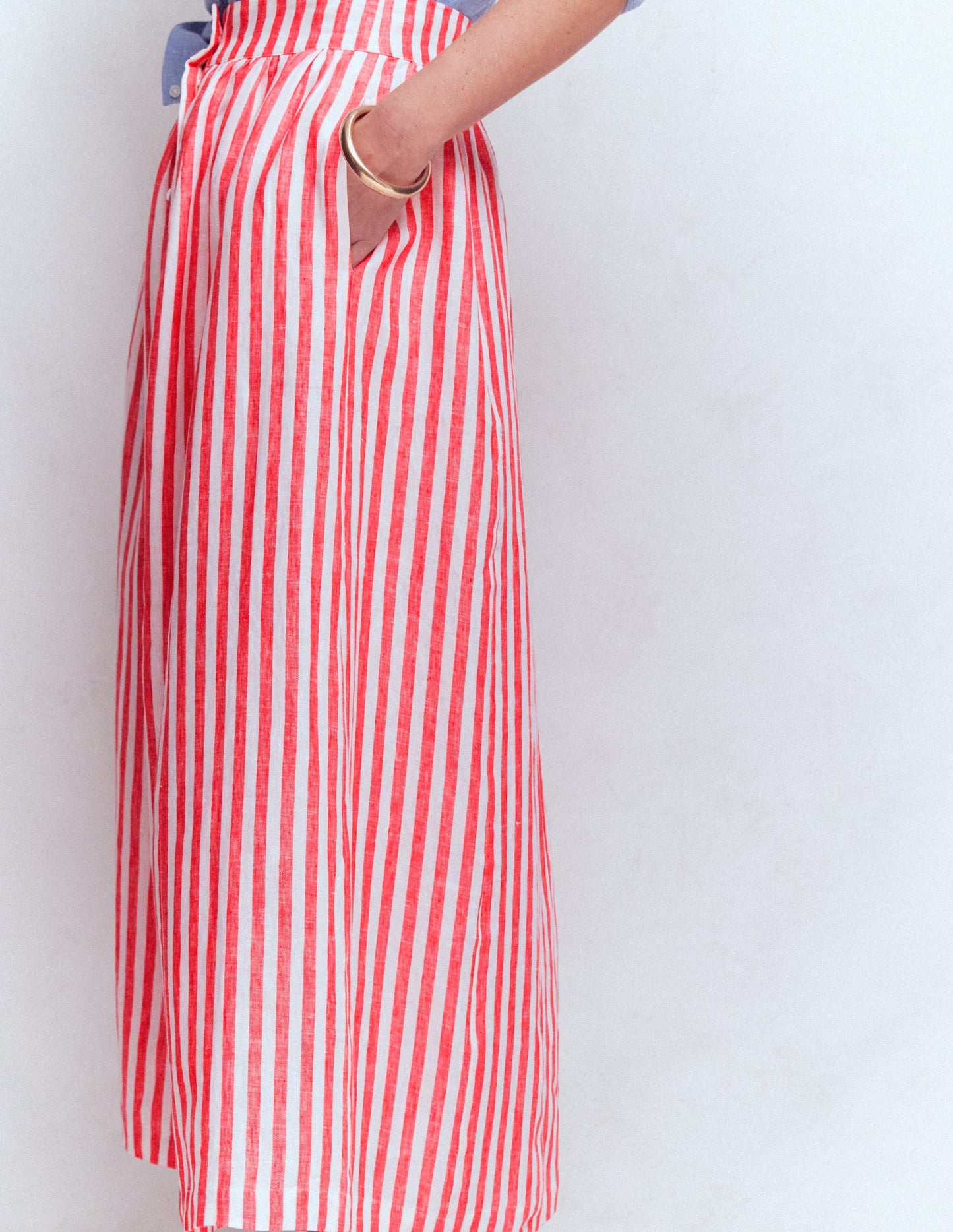 Emma Linen Maxi Skirt-Bright Cherry and Ivory Stripe