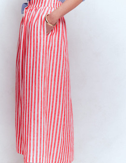 Emma Linen Maxi Skirt-Bright Cherry and Ivory Stripe
