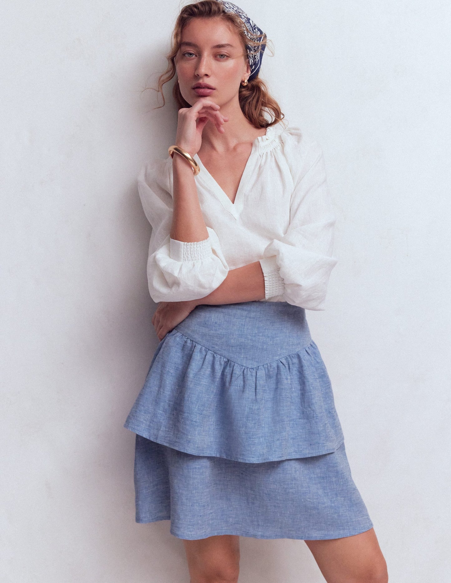 Tiered Linen Skirt-Blue Chambray