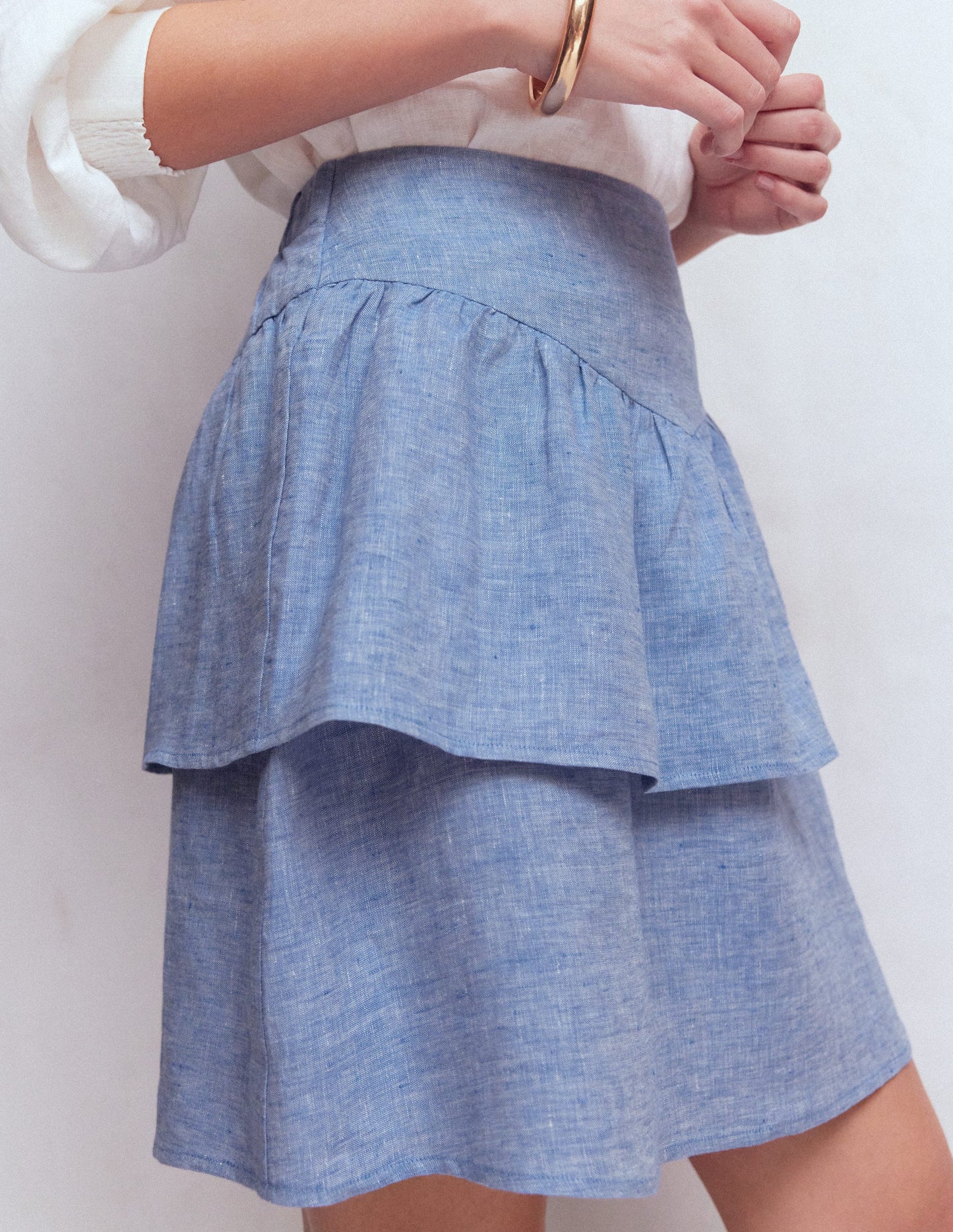 Tiered Linen Skirt-Blue Chambray