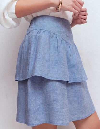 Tiered Linen Skirt-Blue Chambray