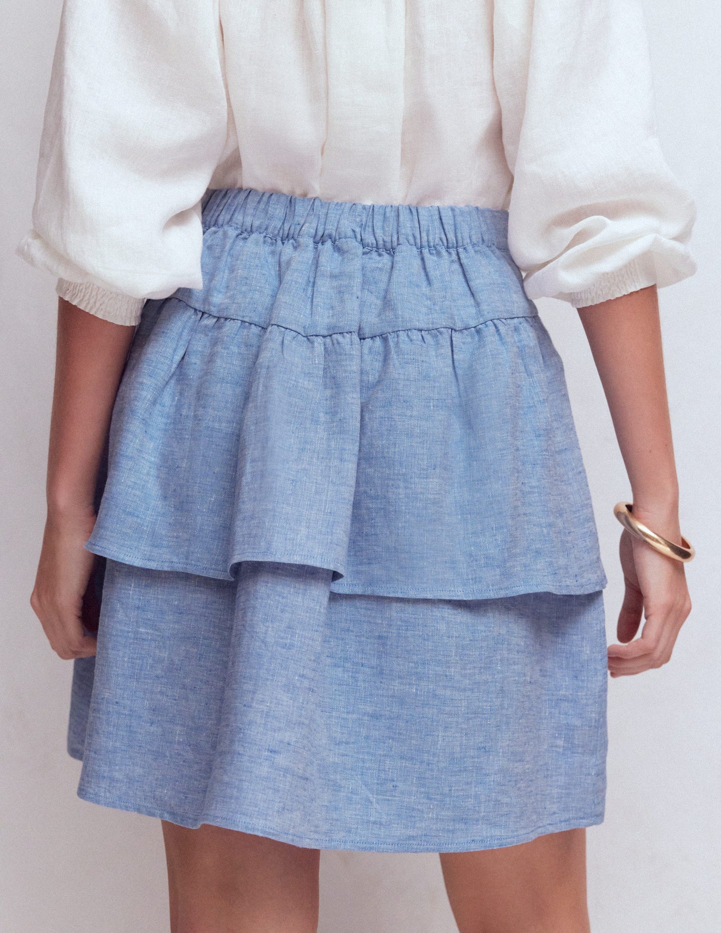 Tiered Linen Skirt-Blue Chambray