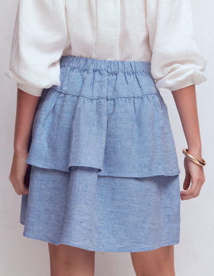 Tiered Linen Skirt-Blue Chambray
