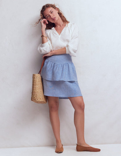 Tiered Linen Skirt-Blue Chambray