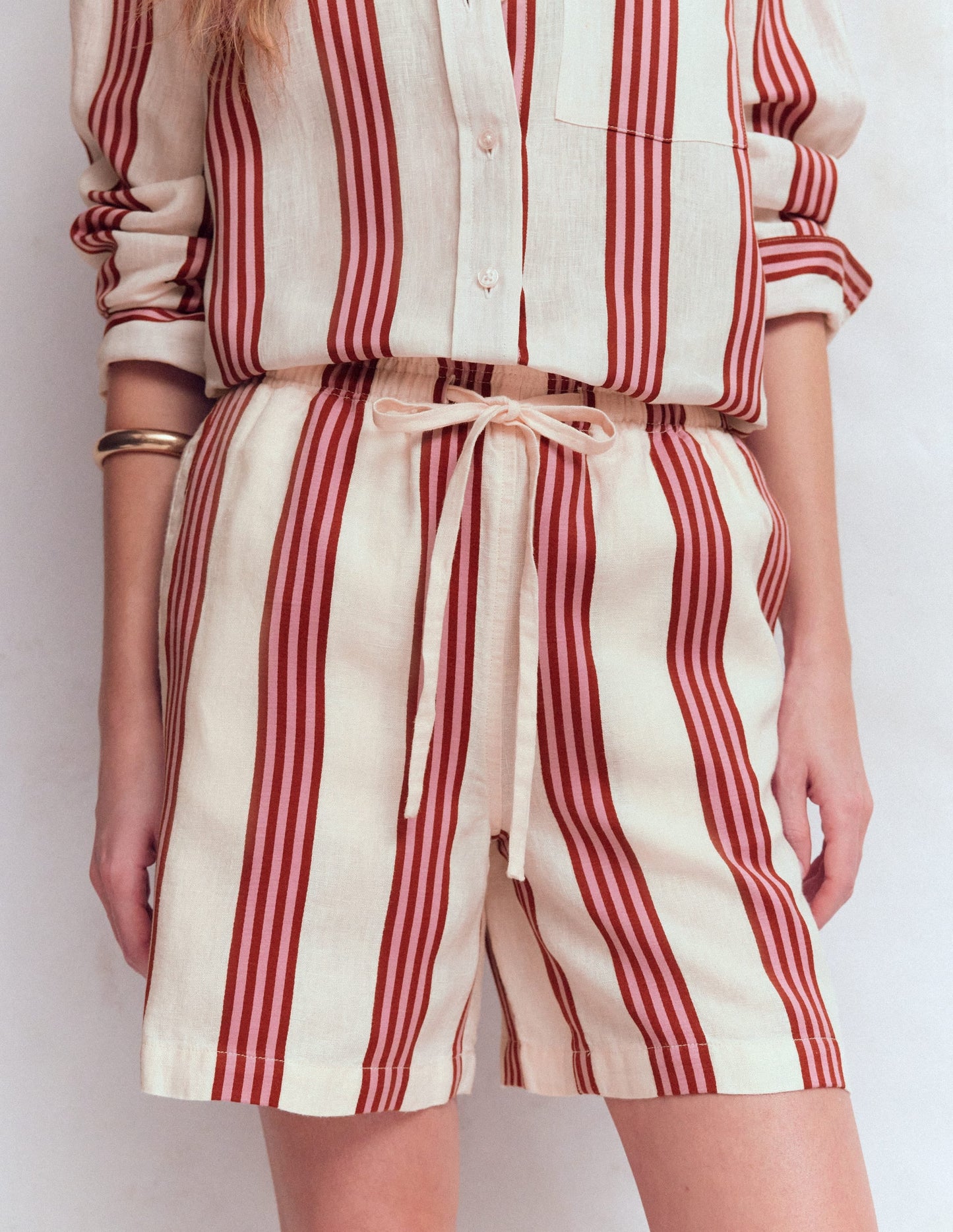 Islington Linen Shorts-Ivory, Brown, Pink Stripe