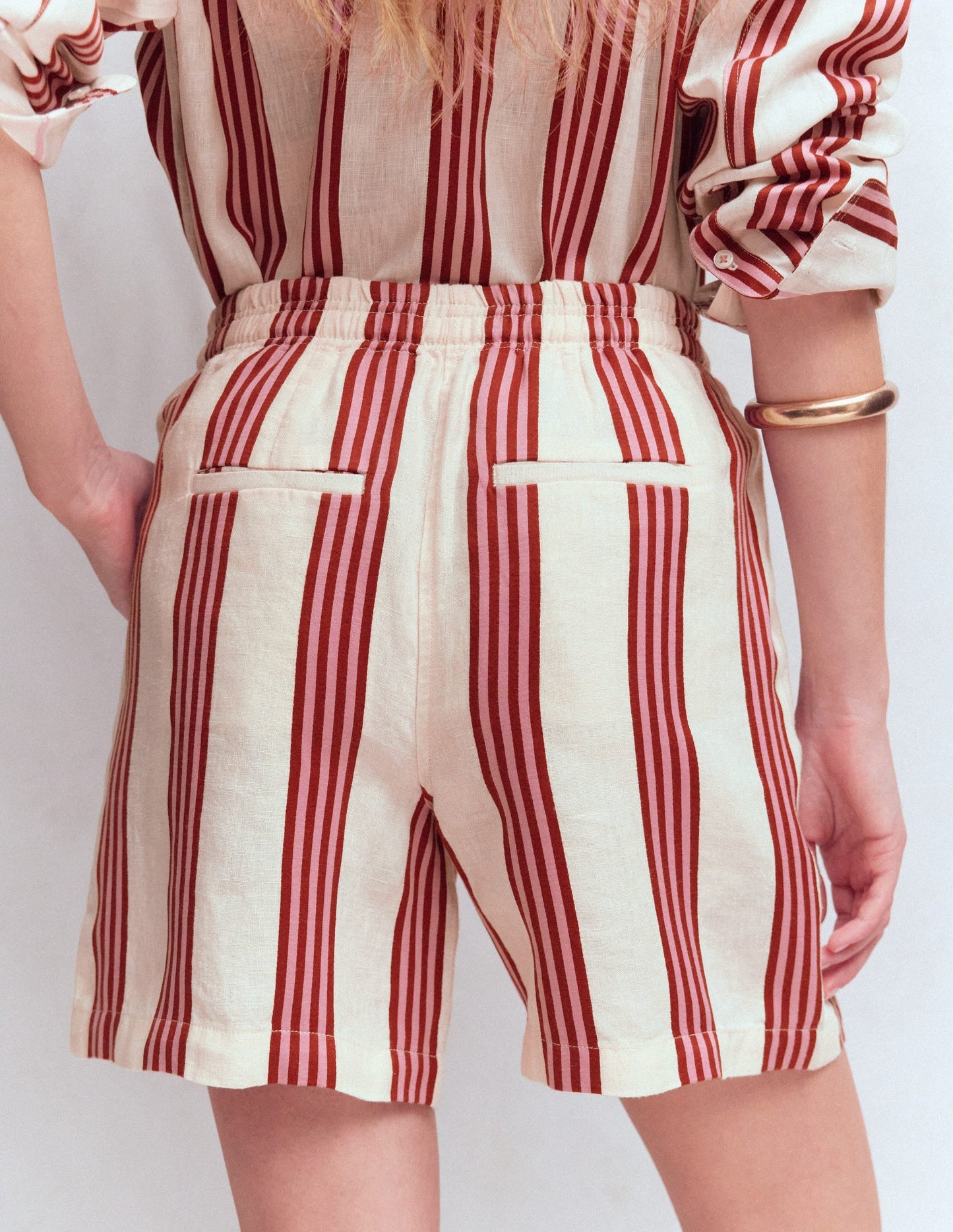 Islington Linen Shorts-Ivory, Brown, Pink Stripe