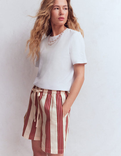 Islington Linen Shorts-Ivory, Brown, Pink Stripe