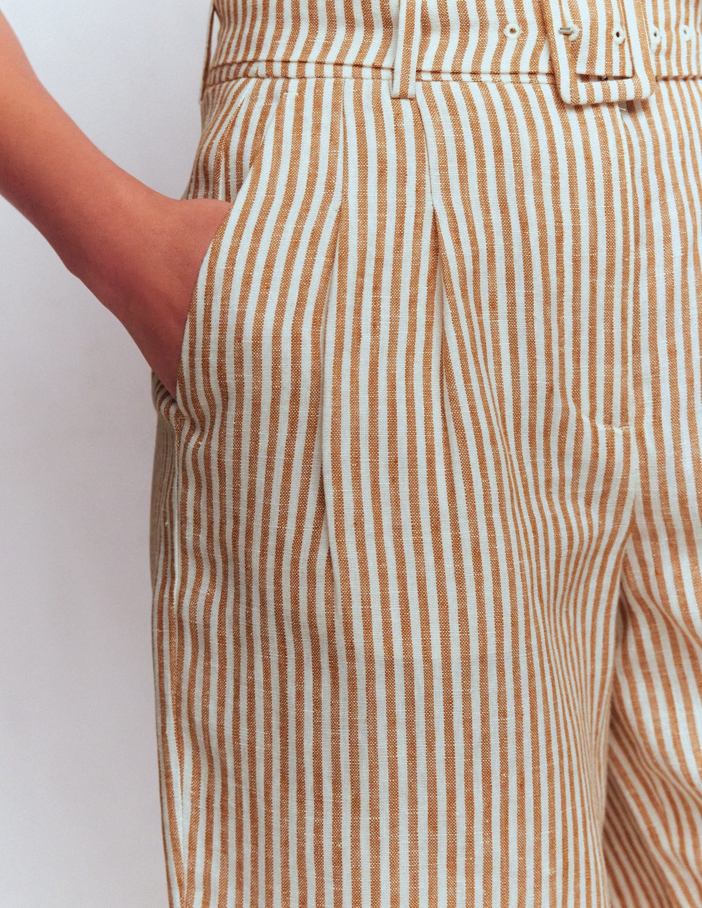 Chelsea Belted Linen Shorts-Brown, Ivory Ticking Stripe