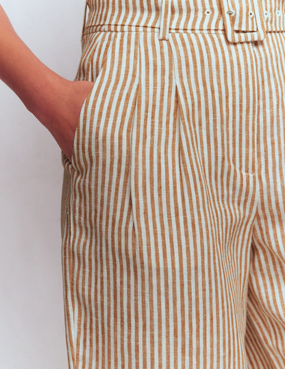 Chelsea Belted Linen Shorts-Brown, Ivory Ticking Stripe