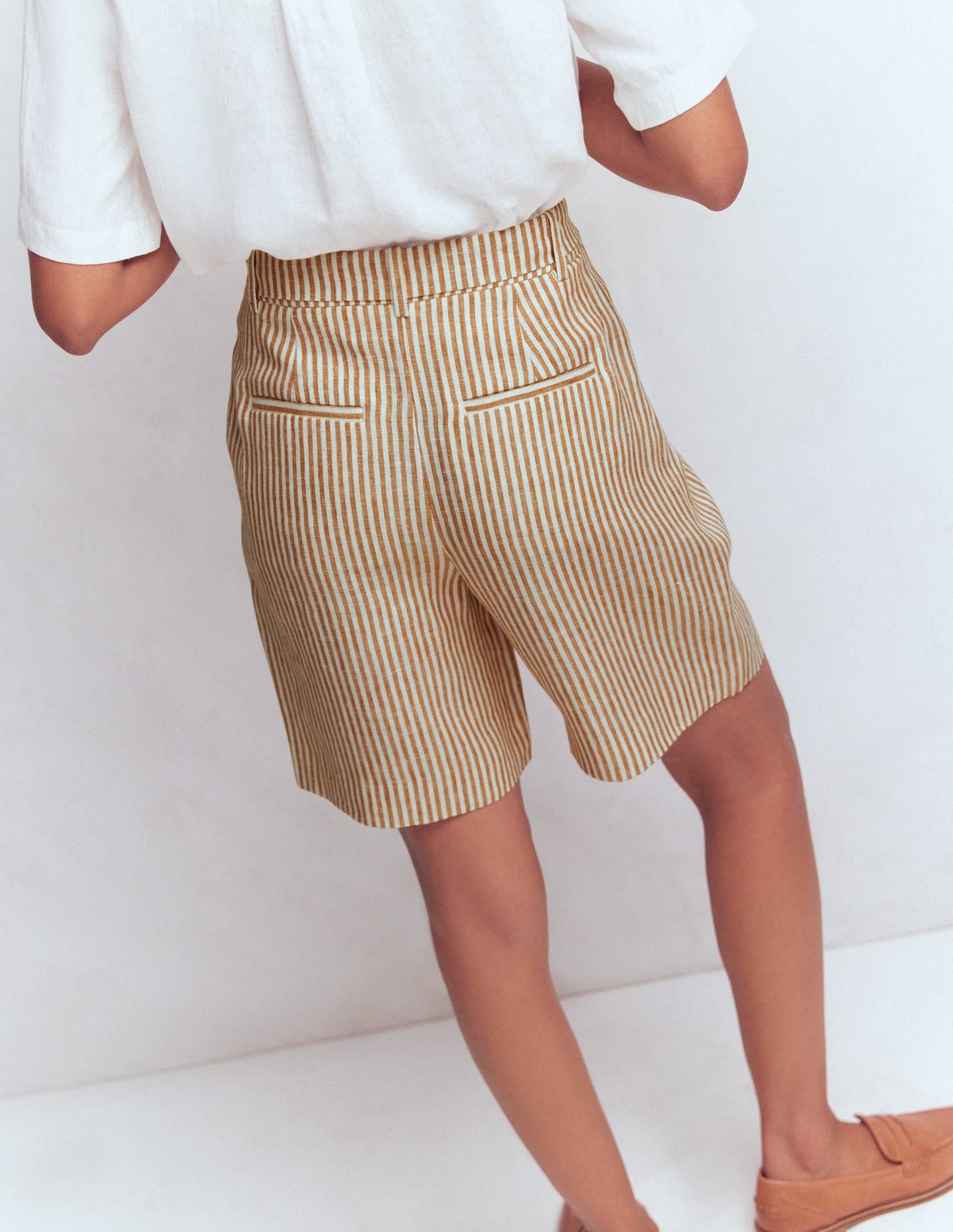 Chelsea Belted Linen Shorts-Brown, Ivory Ticking Stripe