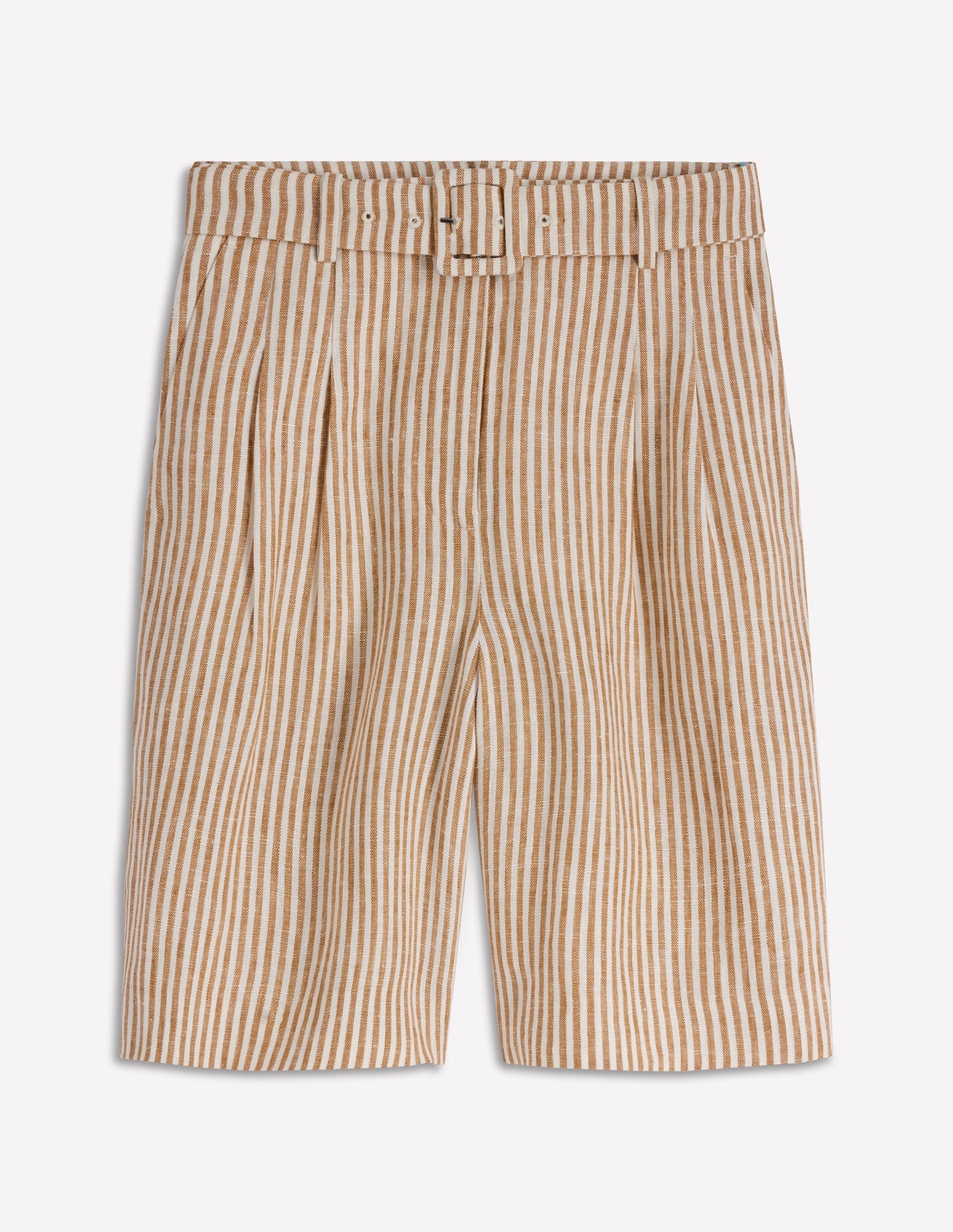 Chelsea Belted Linen Shorts-Brown, Ivory Ticking Stripe