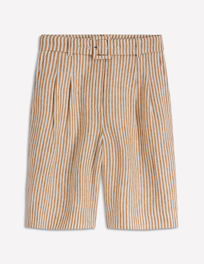 Chelsea Belted Linen Shorts-Brown, Ivory Ticking Stripe