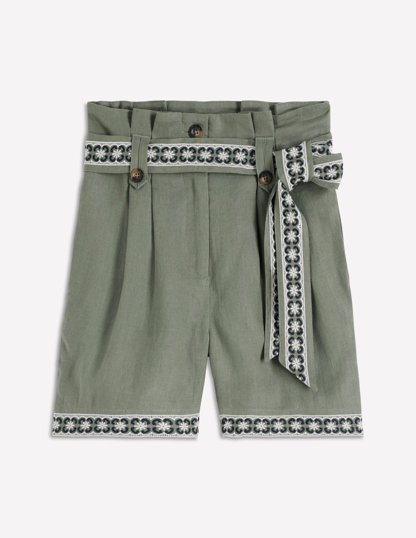 Paperbag Linen Belted Shorts-Green Grey Embroidery