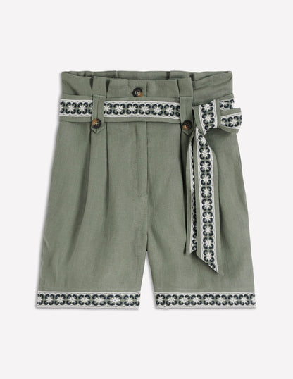 Paperbag Linen Belted Shorts-Green Grey Embroidery