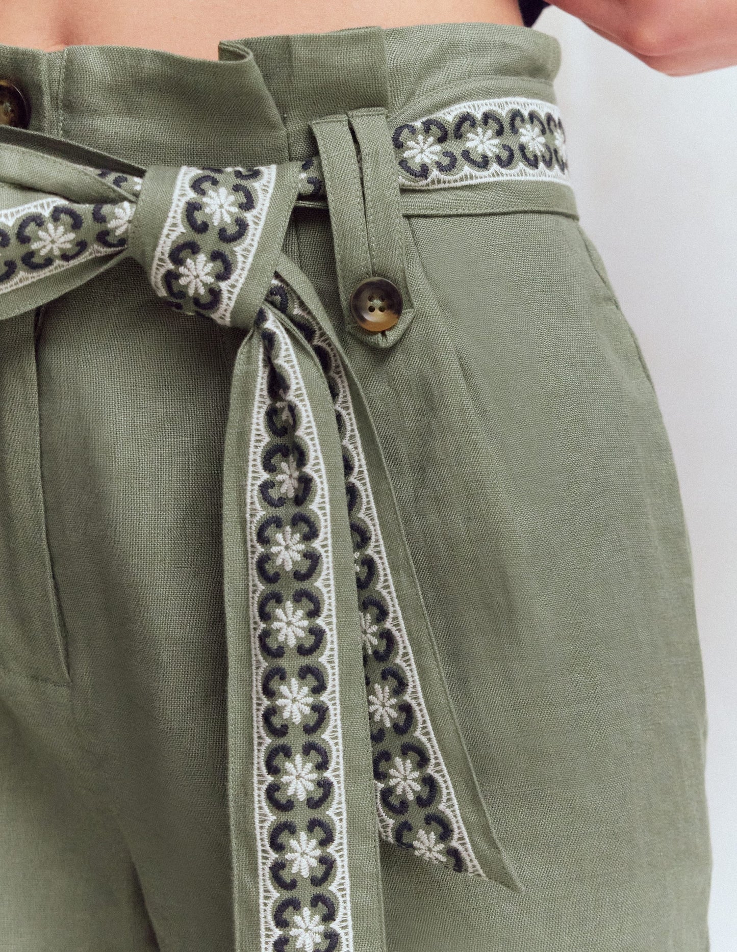 Paperbag Linen Belted Shorts-Green Grey Embroidery