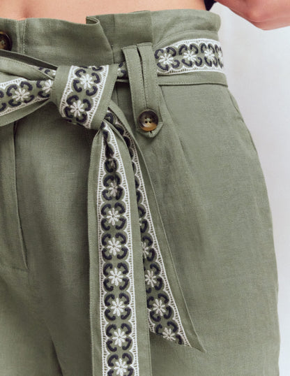 Paperbag Linen Belted Shorts-Green Grey Embroidery