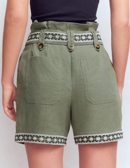 Paperbag Linen Belted Shorts-Green Grey Embroidery