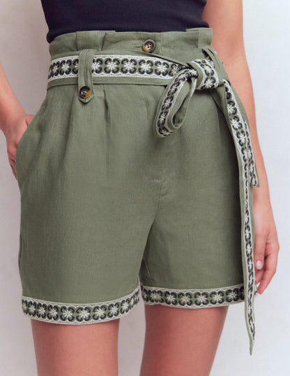 Paperbag Linen Belted Shorts-Green Grey Embroidery